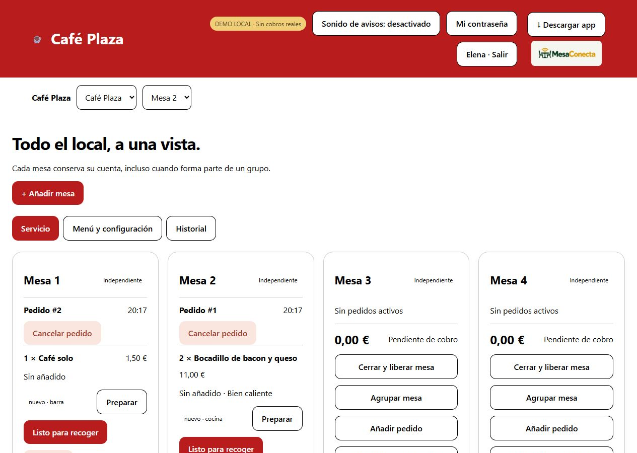 Pantalla real de demostración de MesaConecta: gestión de las mesas del restaurante